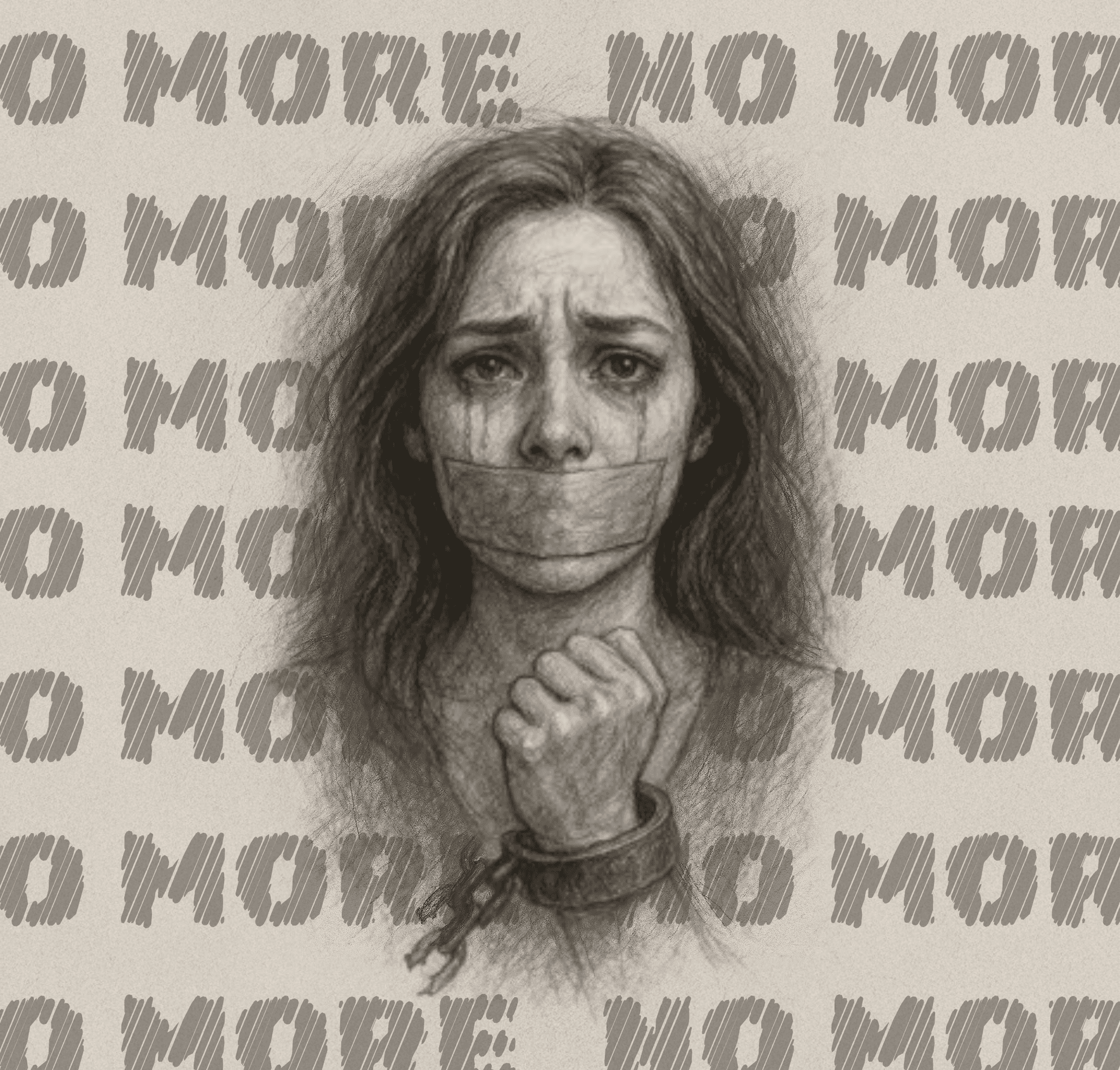No More Art - A woman with tape on her mouth and shackle on her hand